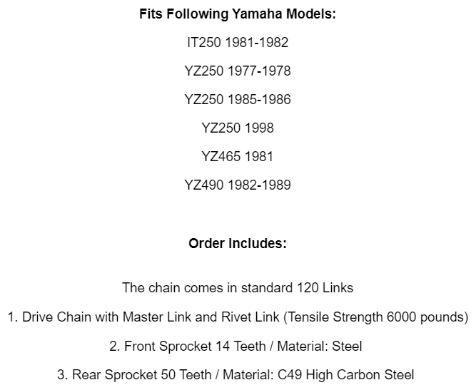 Drive Chain & Sprockets Kit for Yamaha IT250 YZ250 YZ465 YZ490