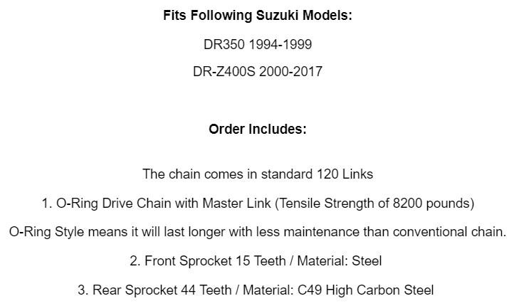 Gold O-Ring Drive Chain & Sprockets Kit for Suzuki DR350 94-99 / DR-Z400S 00-17
