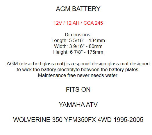 AGM Battery for Yamaha Wolverine 350 YFM350FX 4WD 1995-2005