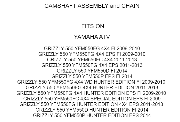 Camshaft Assembly w/ Chain for Yamaha Grizzly 550 YFM550FG YFM550D YFM550P 09-14