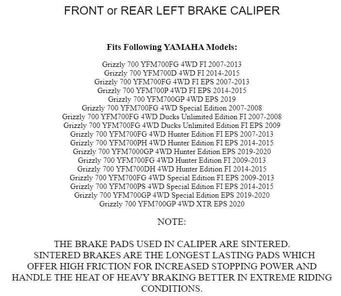 Front or Rear Left Brake Caliper for Yamaha Grizzly 700 YFM700 4x4 2007 - 2024