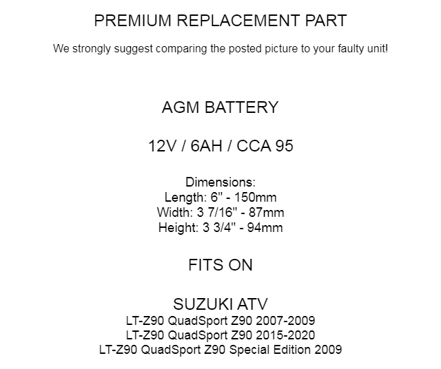 Caltric AGM Battery for Suzuki LTZ90 LT-Z90 Quadsport Z90 2007-2009 2015-2020