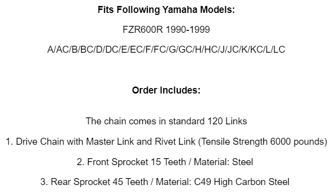 Drive Chain & Sprockets Kit for Yamaha FZR600R 1990 1991 1992 1993 1994-1999