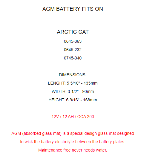 YTX14AHL-BS AGM Battery for Arctic Cat 0645-063 0645-232 0745-040