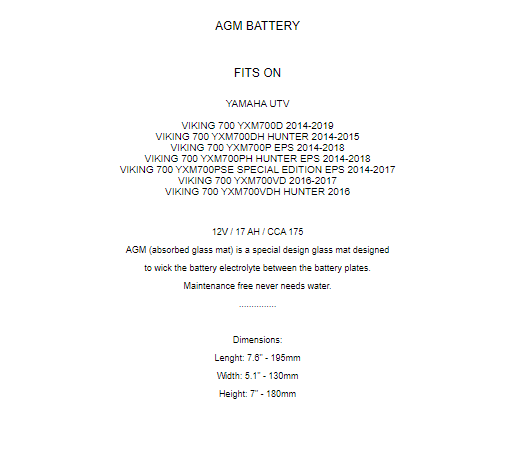 AGM Battery for Yamaha Viking 700 YXM700 2014 2015 2016 2017 2018 2019 2020