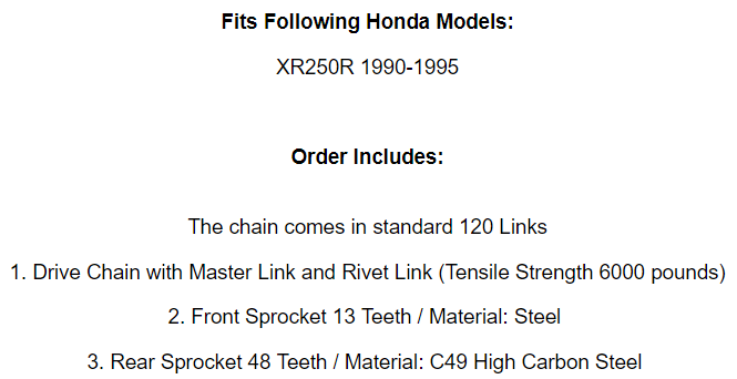 Black Drive Chain And Sprocket Kit for Honda XR250R 1990-1995