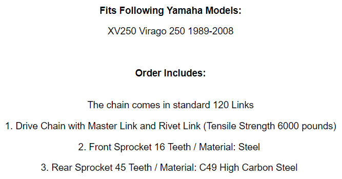 Drive Chain & Sprockets Kit for Yamaha XV250 Virago 250 1989-2008