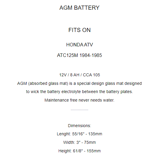 AGM Battery for Honda ATC125M ATC125 M 1984-1985