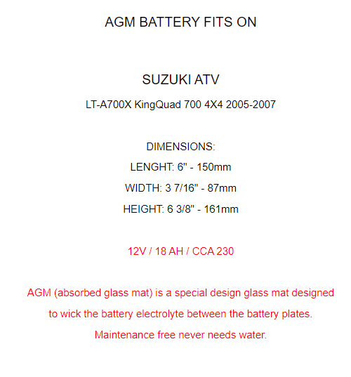 AGM Battery for Suzuki LT-A700X Kingquad 700 4X4 2005 2006 2007