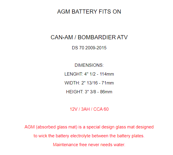 AGM Battery for Can-Am Bombardier DS70 2008 2009 2010 2011-2020 / V31500MAA010