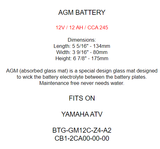 YB12C-A Caltric AGM Battery for Yamaha  BTY-GM12C-Z4-A2  ACB-12CA0-00-00