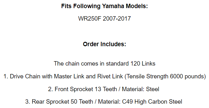 Drive Chain & Sprockets Kit for Yamaha WR250F 2007 2008 2009 2010 2011 2012-2017