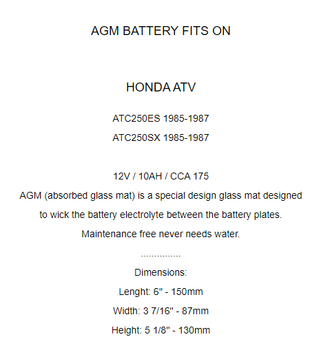 AGM Battery for Honda ATC250ES ATC250SX 1985 1986 1987