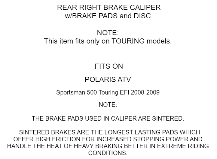 Rear Right Brake Caliper and Disc fits Polaris Sportsman 500 Touring 2008 2009