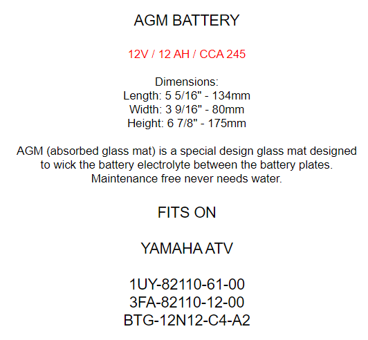 YB12C-A AGM Battery for Yamaha 1UY-82110-61-00, 3FA-82110-12-00, BTG-12N12-C4-A2