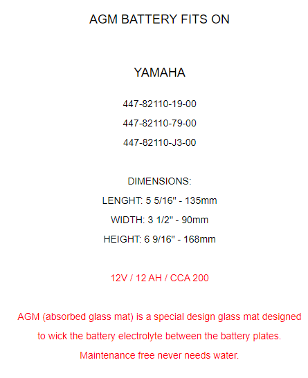 Yb16al-A2 AGM Battery for Yamaha 447-82110-19-00 447-82110-79-00 447-82110-J3-00