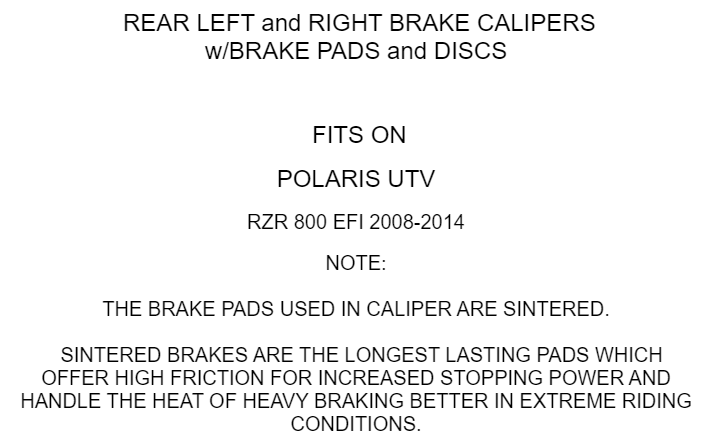 Rear Brake Caliper and Disc fits Polaris RZR 800 EFI 2008 2009 2010 2011 - 2014