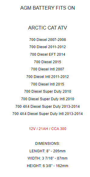 AGM Battery for Arctic Cat 700 Diesel 2007 2008 2011 2012 2013 2014 2015
