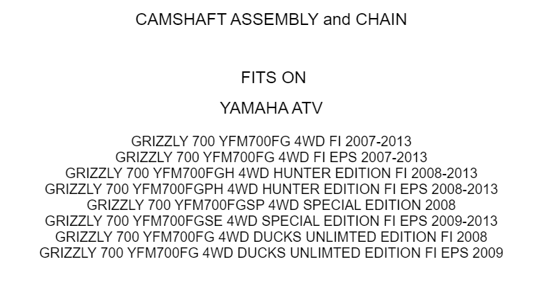 Camshaft Assembly w/ Chain fits Yamaha Grizzly 700 YFM700FG 4x4 2007 2008 - 2013