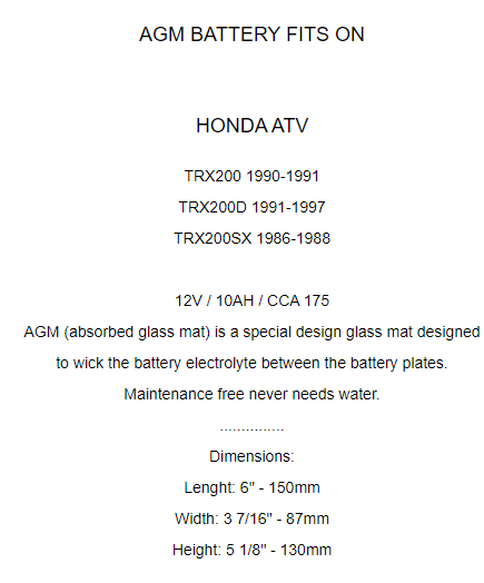 AGM Battery for Honda TRX200 TRX200D TRX200SX Fourtrax 200 1986-88 1990-97