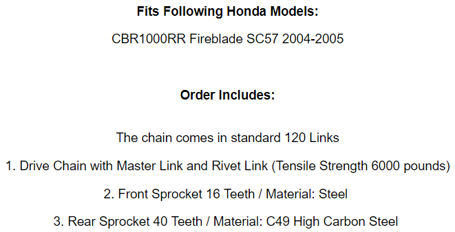 Drive Chain & Sprockets Kit Fits HONDA CBR1000RR Fireblade SC57 2004 2005