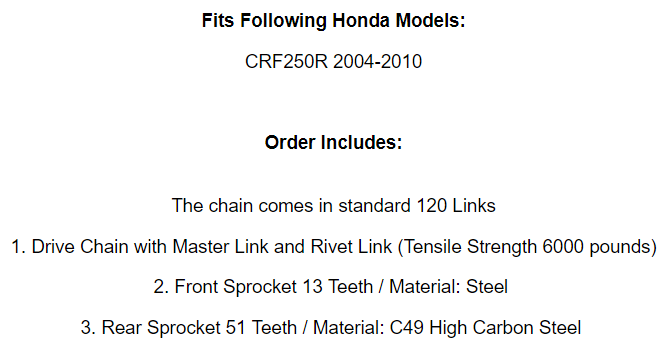 Black Drive Chain And Sprocket Kit for Honda CRF250R 2004-2010