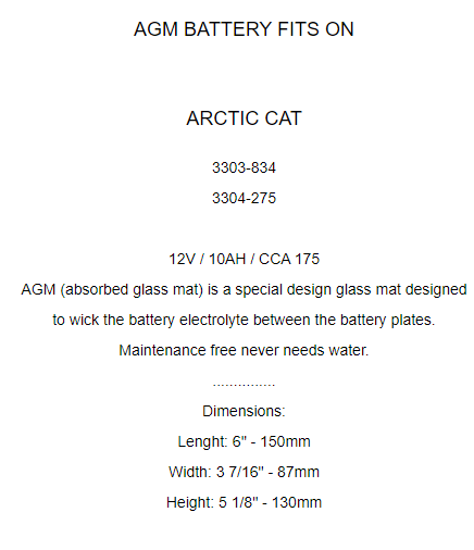 YTX12-BS AGM Battery for Arctic Cat 3303-834, 3304-275