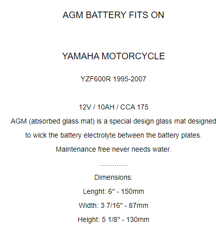 YTX12-BS AGM Battery for Yamaha YZF600R/YBTY-YTX12-BS-00,YTX-12BS0-00-00 95-2007