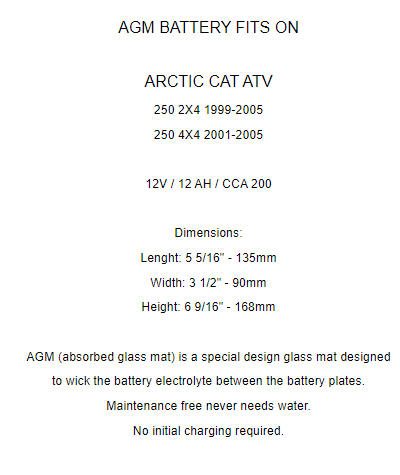 AGM Battery for Arctic Cat 250 2X4 4X4 1999 2000 2001 2002 2003 2004 2005