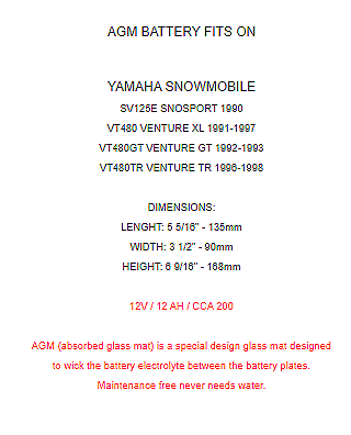 AGM Battery for Yamaha Vt480 Venture Xl 1991-1997 / SV125E Snosport 1990