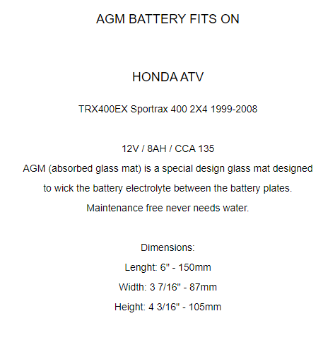 Caltric 31500-HN1-003 AGM Battery For Honda Sportrax 400 TRX400EX 1999-2009