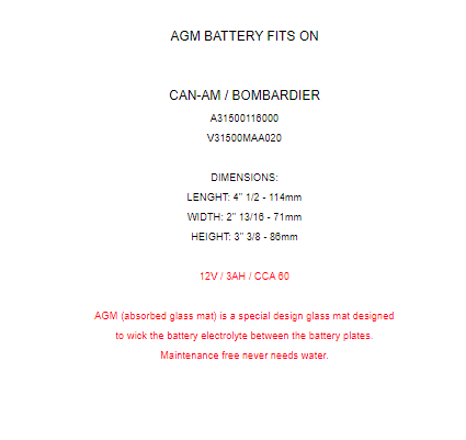 Ytx4L-Bs AGM Battery for Can-Am Bombardier A31500116000 410301204 V31500Maa020