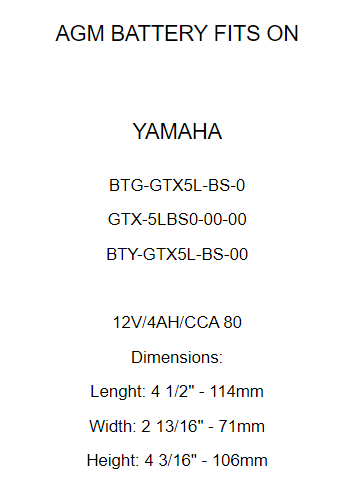 YTX5L-BS AGM Battery for Yamaha Btg-GTX5L-Bs-0, GTX-5Lbs0-00-00, Bty-GTX5L-Bs-00