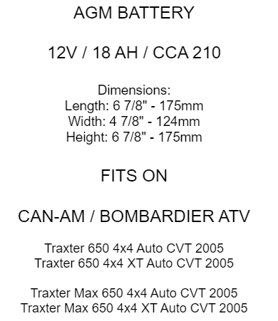 AGM Battery for Can-Am Bombardier Traxter 650 4X4 Xt / Traxter Max 650 4X4 2005