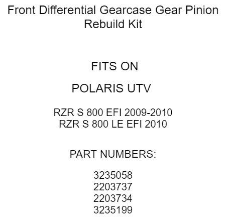 Front Differential Gearcase Gear Pinion Kit For Polaris RZR S 800 EFI 2009 2010