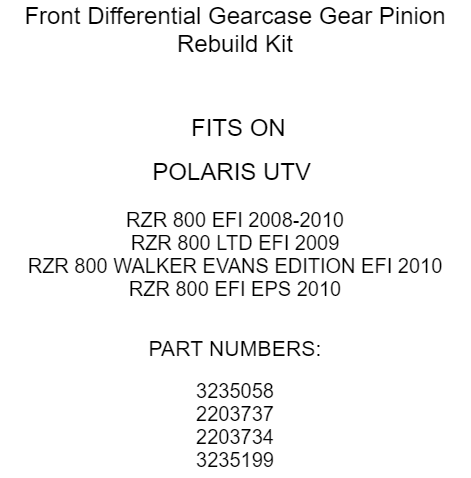 Front Differential Gearcase Gear Pinion Kit For Polaris RZR 800 EFI 2008 - 2010