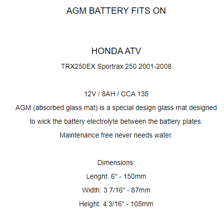 AGM Battery for Honda TRX250EX Sportrax 250 2001-2008 / TRX250X 2009 2011-2019