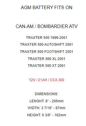 AGM Battery for Can-Am Bombardier Traxter 500 1999 2000 2001