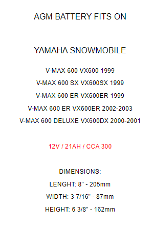 AGM Battery for Yamaha V-Max 600 VX600 Sx Er DLX 1999 2000 2001 2002 2003