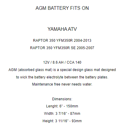 AGM Battery for Yamaha Raptor 350 YFM350R Se 2004-2013