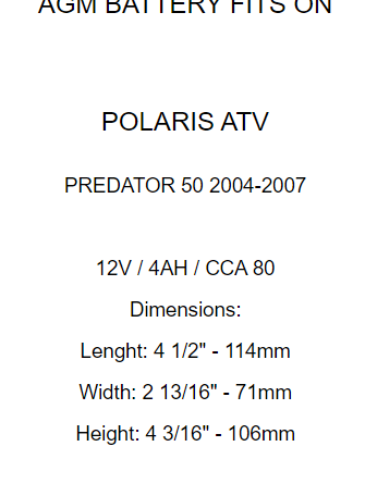AGM Battery for Polaris Predator 50 2004 2005 2006 2007