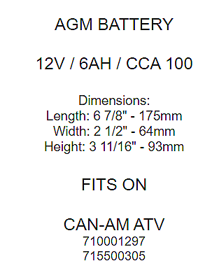 YT7B-BS AGM Battery for Can-Am 710001297 715500305 Battery 12V 6 Ah / DS450