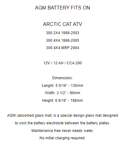 AGM Battery for Arctic Cat 300 2X4 4X4 1998 1999 2000 2001 2002 2003 2004 2005