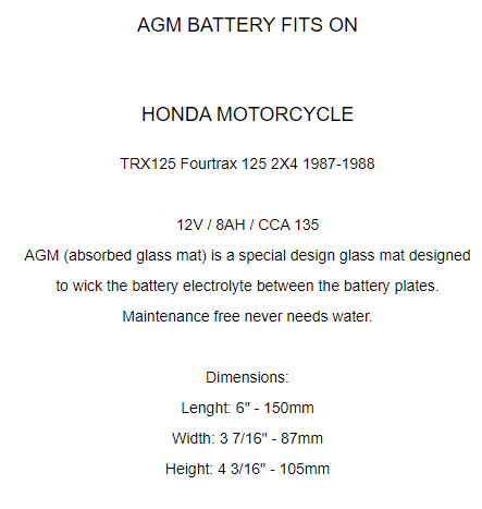 AGM Battery for Honda TRX125 Fourtrax 125 2X4 1987 1988