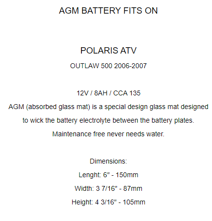 Caltric AGM Battery for Polaris Outlaw 500 2006 2007 Battery 12V 8Ah / 4010678