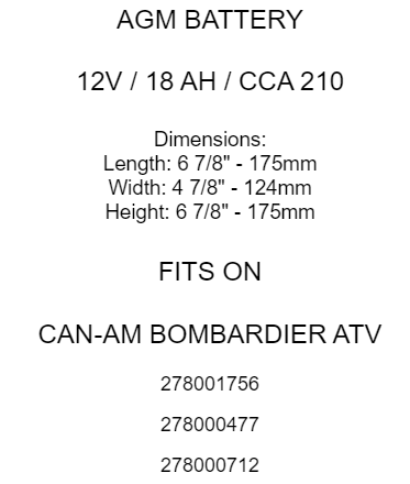 YT7B-BS AGM Battery for Can-Am Bombardier 278000477 278000712 278001756