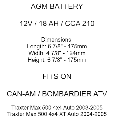 AGM Battery for Can-Am Bombardier Traxter Max 500 4X4 Xt Auto 2003 2004 2005