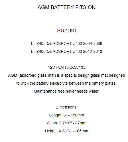 AGM Battery for Suzuki LT-Z400 Quadsport Z400 2004-2009 2012 2013