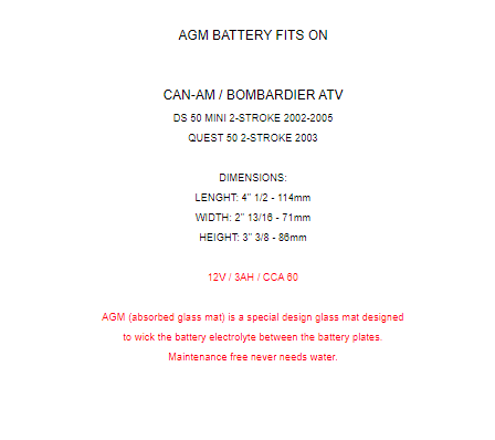 AGM Battery for Can-Am Bombardier Ds50 Mini 2-Stroke 2002-2005 / Quest 50 2003